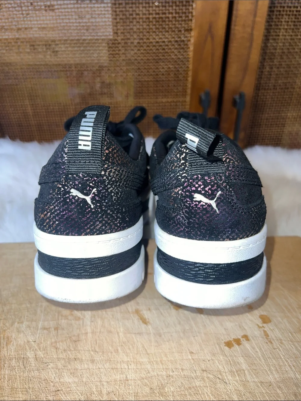 Puma Black Sneakers with Iridescent Sheen and White Platform Sole